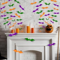 72PCS Halloween Bats Decoration, 4 Sizes PVC Green Orange Purple 3D Stickers