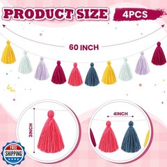 WILLBOND 4 Pcs Rainbow Tassel Garland Boho Classroom Decor Colorful Pastel Su
