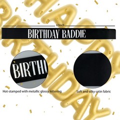 GLITZJOY Birthday Sash, BIRTHDAY BADDIE Sash Black 160cm, & Silver