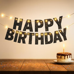 , Glitter Black Happy Birthday Banner Light up – Prestrung, 10 Feet | Light up H