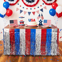 4Th of July Table Skirt Decorations, 2 Packs Red White and Blue Wavy Tinsel Foil