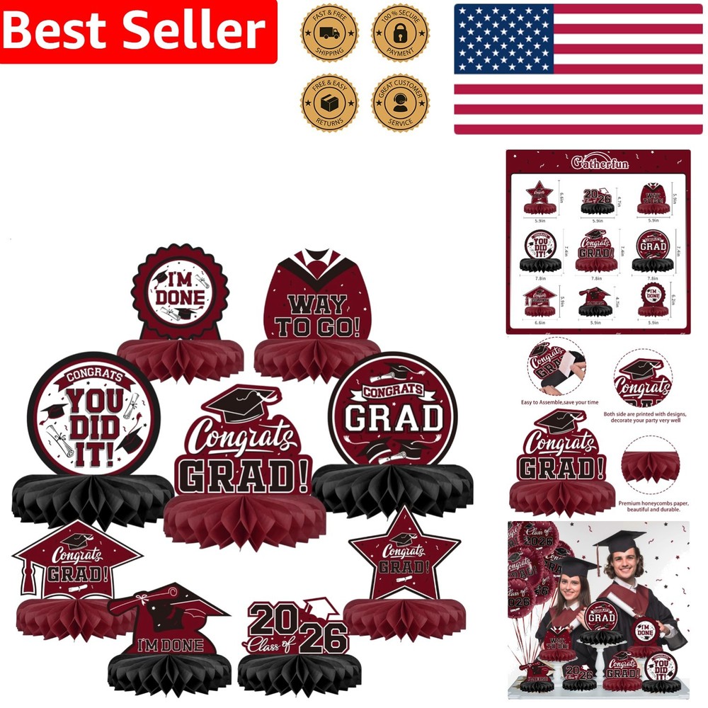 Honeycomb Table Toppers 9 Pack Graduation Decorations Class of 2026 Maroon Black