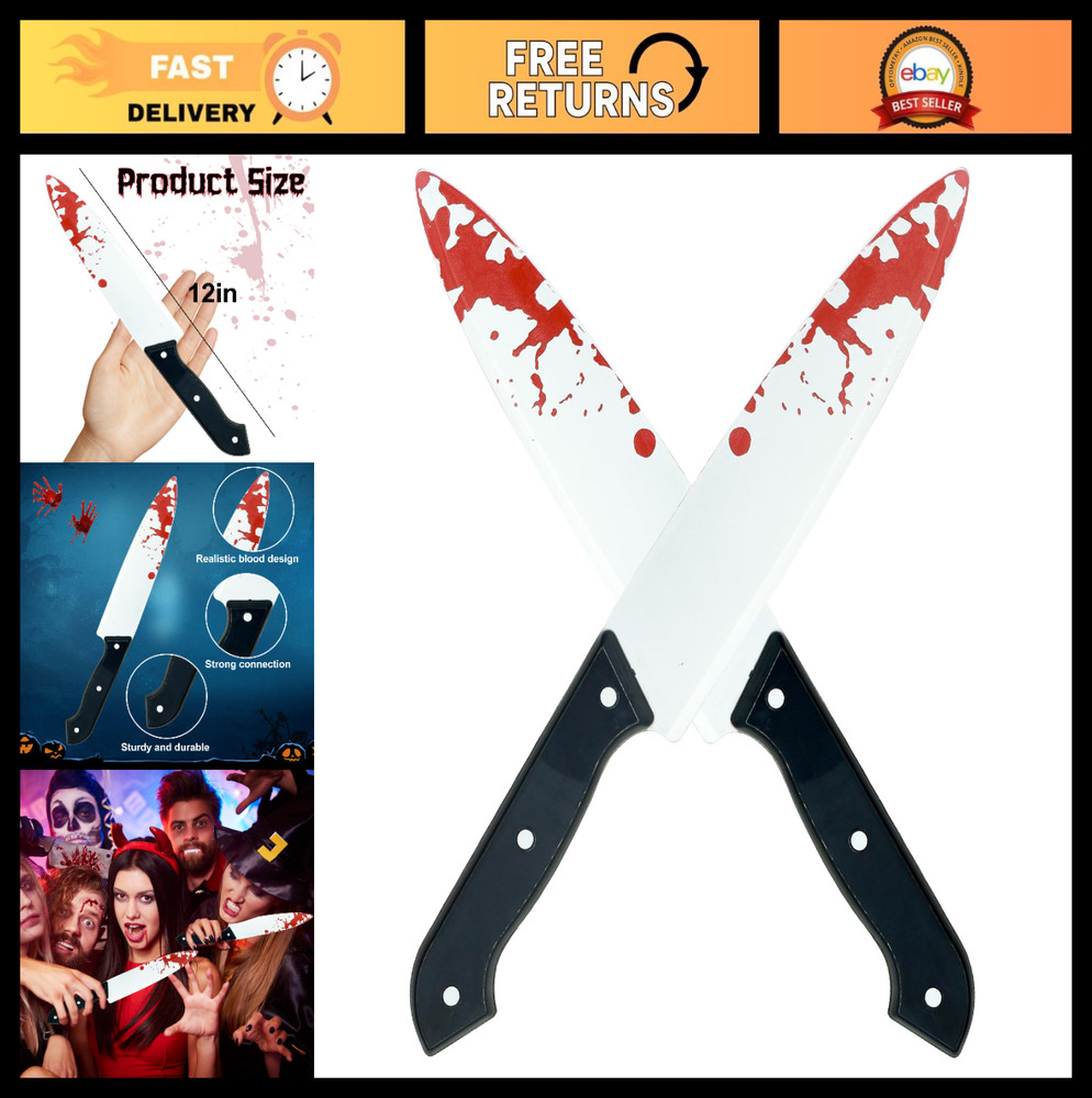 2 Pcs Bloody Fake Knife Set – 12″ Plastic Horror Props for Halloween Cosplay Par