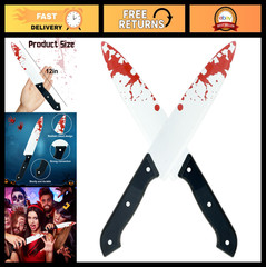 2 Pcs Bloody Fake Knife Set – 12″ Plastic Horror Props for Halloween Cosplay Par