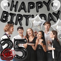 Black Silver 25th Birthday Decorations Balloon Banner Confetti Stars