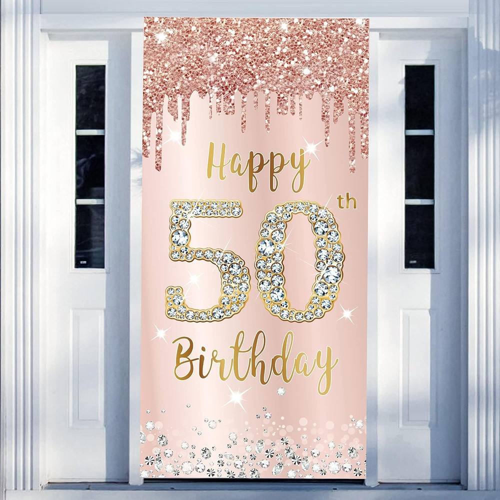 Happy 50Th Birthday Door Banner Decorations for Women, Pink Rose Gold 50