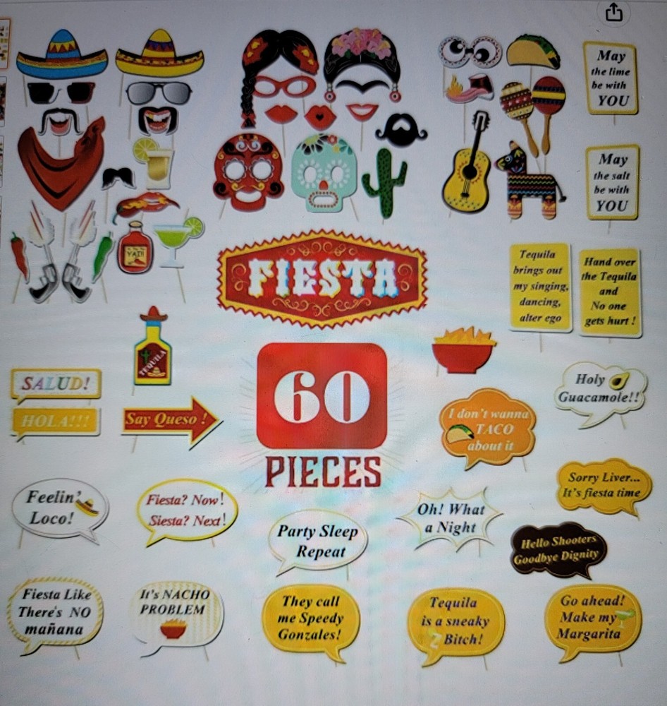 Cinco de Mayo Birthday Mexican Fiesta Photo Booth Selfie Props Kit – 60 Count
