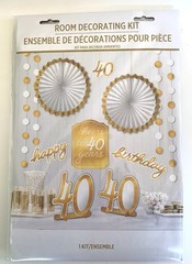 12 Piece 40th Birthday Room Decorating Kit w/ Sash & Confetti Gold Color