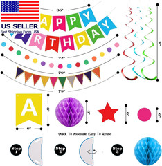Colorful Birthday Decorations, Happy Birthday Banner with Honeycomb Balls, Stars