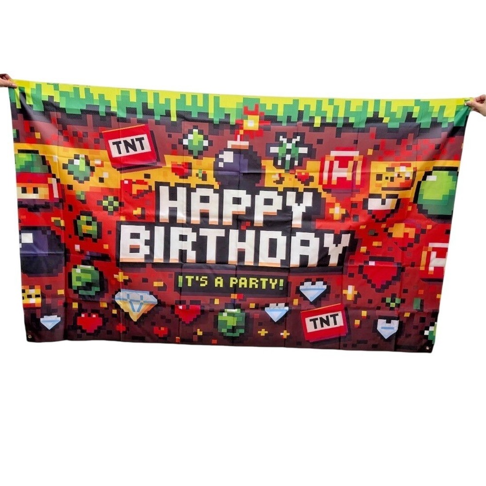 Pixel Video Game Birthday Banner 71×43″ Birthday Decorations Polyester Backdrop