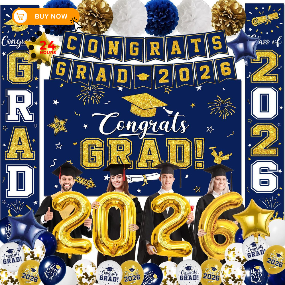 Graduation Decorations Class of 2026, Navy Blue and Gold