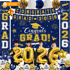 Graduation Decorations Class of 2026, Navy Blue and Gold