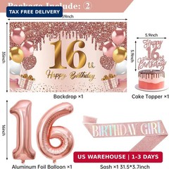 16th Birthday Decorations for Girls, 16Pcs Pink Rose Gold Happy 16th Birthday Ba