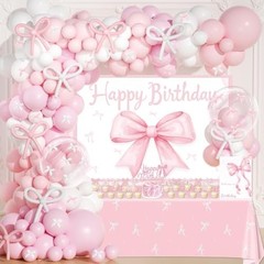 Pink Bow Birthday Decorations Set – 227 Pcs Coquette Party Supplies, Backdrop, C