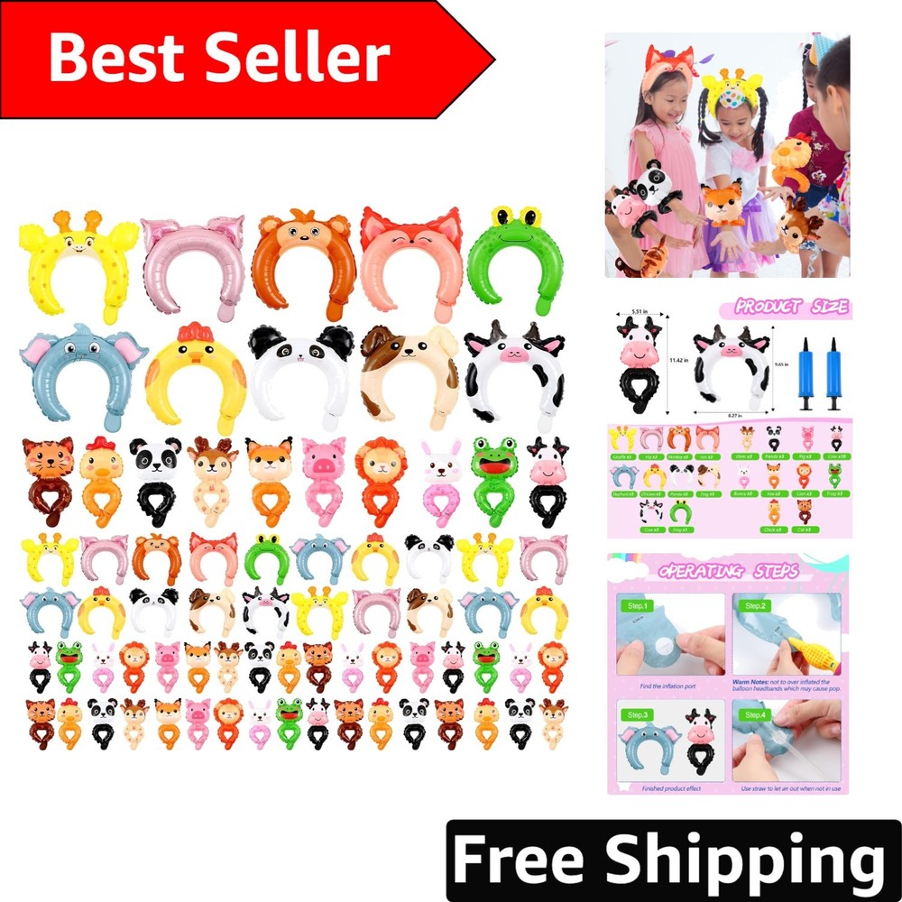 200 Pcs Inflatable Animal Party Set with Headbands & Balloons for Kids Fun
