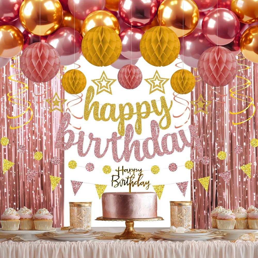 Rose Gold and Gold Birthday Party Decorations Set – Happy Birthday Banner Bal…