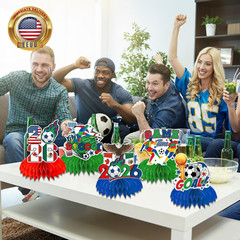 9PCS 2026 World Soccer Party Decorations Red Green and Blue Theme Honeycomb Cent