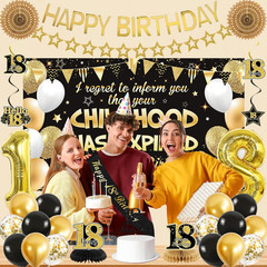 18th Birthday Decorations Boys Girls, Black Gold Happy 18th Birthday Banner Sash