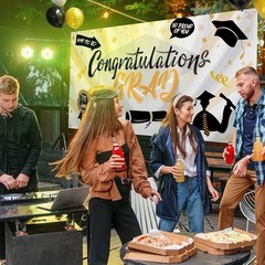 Congratulations Grad Banner – White, Orange, Black Party Decor