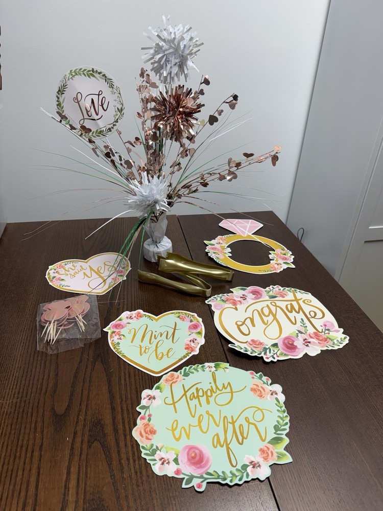 Floral Gold/Rose Gold Bridal Shower Table Decorations Set, Photo Booth Props