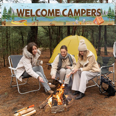 Welcome Campers Banner, Camping Theme Birthday Party Decoration, Family Camp Day