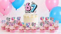 67th Birthday Decor – Colorful Graffiti Bunting & Cupcake Topper for Parties