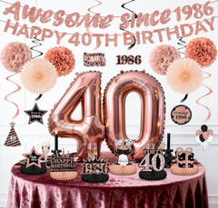 40th Birthday Decorations Kit for Women, Rose Gold Happy 40th Birthday Banner, A