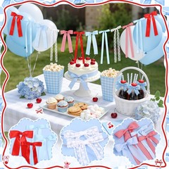 Cherry Blue Gingham Bow Garland, White Lace and Red Blue Gingham Bow Garland Ri
