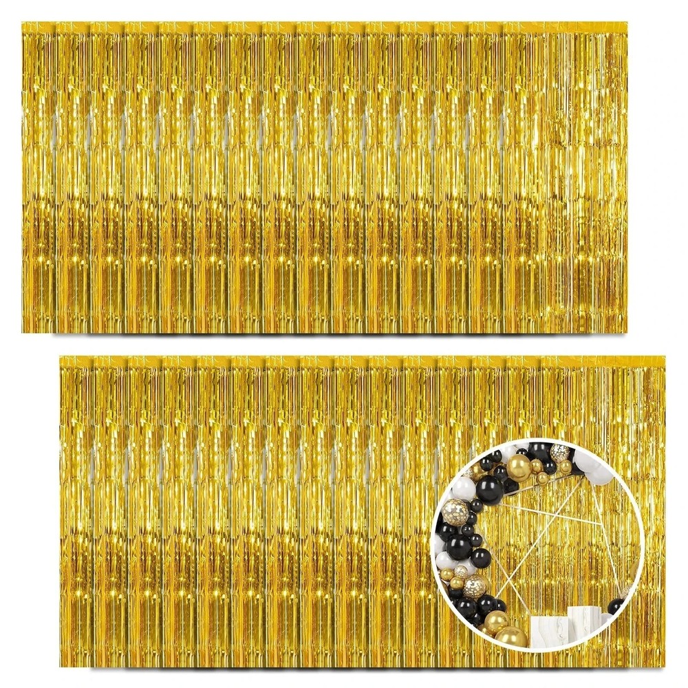 30 Pack Gold Foil Fringe Curtain Backdrop, 3.3×8.2 Feet Metallic Tinsel Strea…