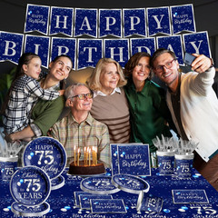 142 Pcs 75th Birthday Tableware Set Decorations Sliver and Blue 75th Happy Bi…