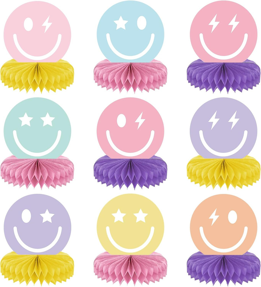 9PCS Smile Face Honeycomb Centerpieces Preppy Smile Face Table Decorations Happy
