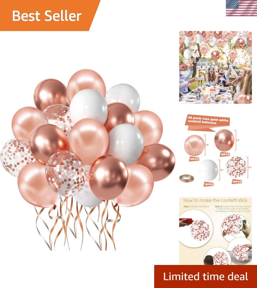 Rose Gold Confetti Balloons, 50 Pack 12 inch White and Rose Gold Latex Balloo…