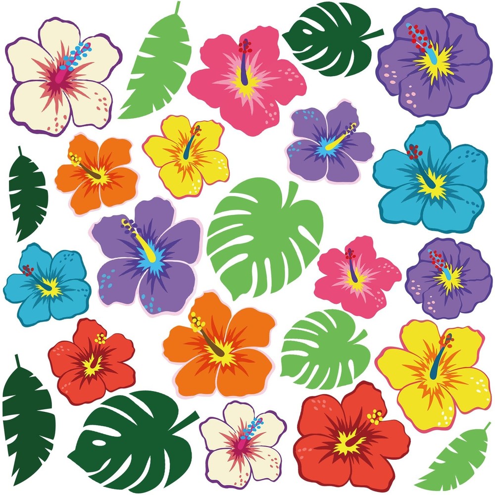 200 Pcs Summer Hawaiian Hibiscus Palm Leaves Paper Cutouts Glue Point Luau