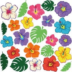 200 Pcs Summer Hawaiian Hibiscus Palm Leaves Paper Cutouts Glue Point Luau