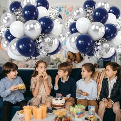 Navy Blue Silver Balloons Kit,50pcs 12inch Royal 12inch, White Sliver