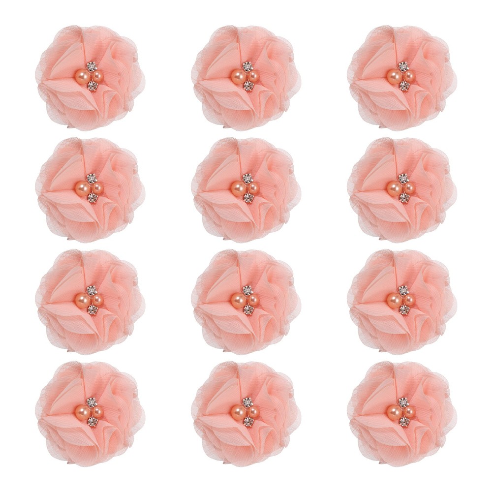 12Pcs 2″ Chiffon Flowers with Rhinestone Pearl Sewing Fabric Flowers, Light Pink