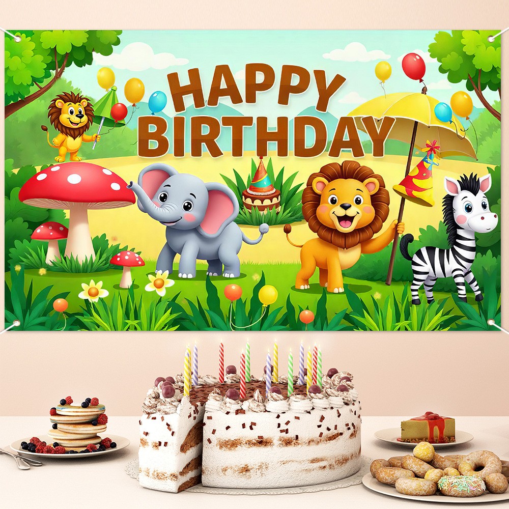 Cartoon jungle animals Cake Smash Backdrop Baby Happy Birthday Party Decorations