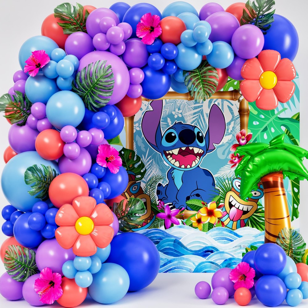 ALL-IN-1 Blue Alien Balloon Arch Kit with BONUS Palm Tree & Tropical Flowers for