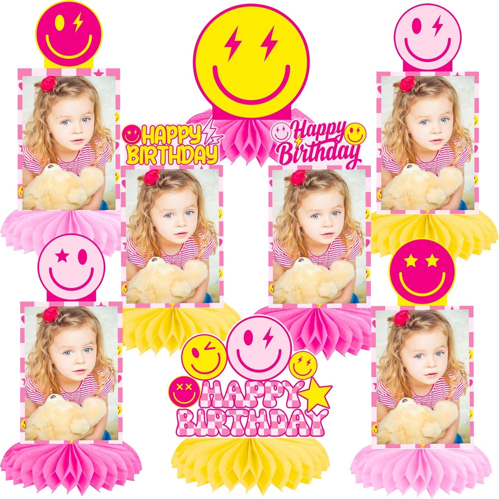 8 PCS Preppy Party Photo Honeycomb Centerpieces Birthday Decorations Pink Yellow