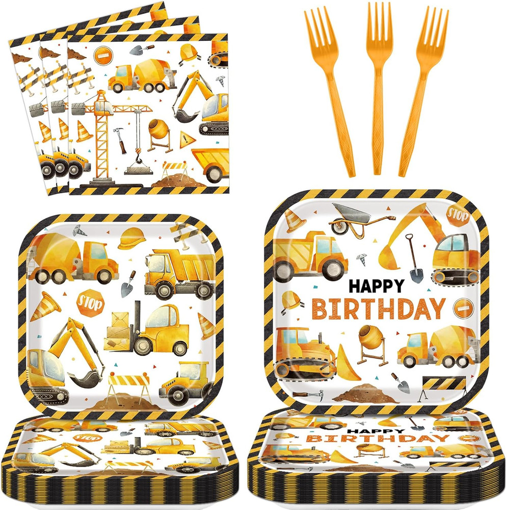 Construction Birthday Party Supplies Plates Napkins Forks Set for 24 Kids