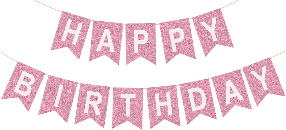 Pink Birthday Banner, Fabric Pre-strung Glitter Sign for Women’s Party Decoratio