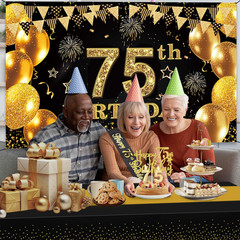 75th Birthday Decorations Men Women with 75th Birthday Banner, Black and Gold Ta