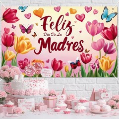 Happy Mothers Day Banner Backdrop Decorations 71 x 43Inch Yujin Flower Butterfly