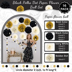 Black and Gold Party Decorations, 16 PCS Tissue Paper Pom Poms Dots Paper Gar…