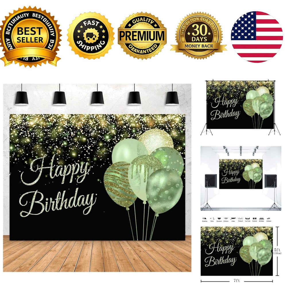 7x5ft Green Happy Birthday Backdrop Glitter Balloons Gold Sparkle Sequins Dot…