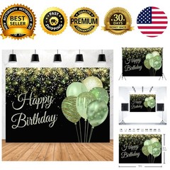 7x5ft Green Happy Birthday Backdrop Glitter Balloons Gold Sparkle Sequins Dot…
