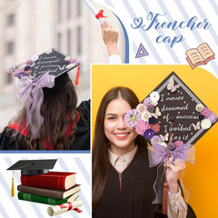 MotiMind 46 Pcs DIY Graduation Cap Decorations Kit Included Paper Flowers, 3D Bu