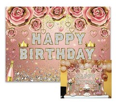 Rose Gold Happy Birthday Backdrop 7X5 Ft Floral Glitter Diamonds Champagne New