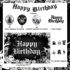 Gothic Birthday Decorations, Skull Theme Happy Birthday Backdrop Cake Topper …