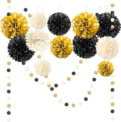 NICROLANDEE Black Gold Party Decorations, 15 PCS Tissue Paper Pom Poms Kit fo…